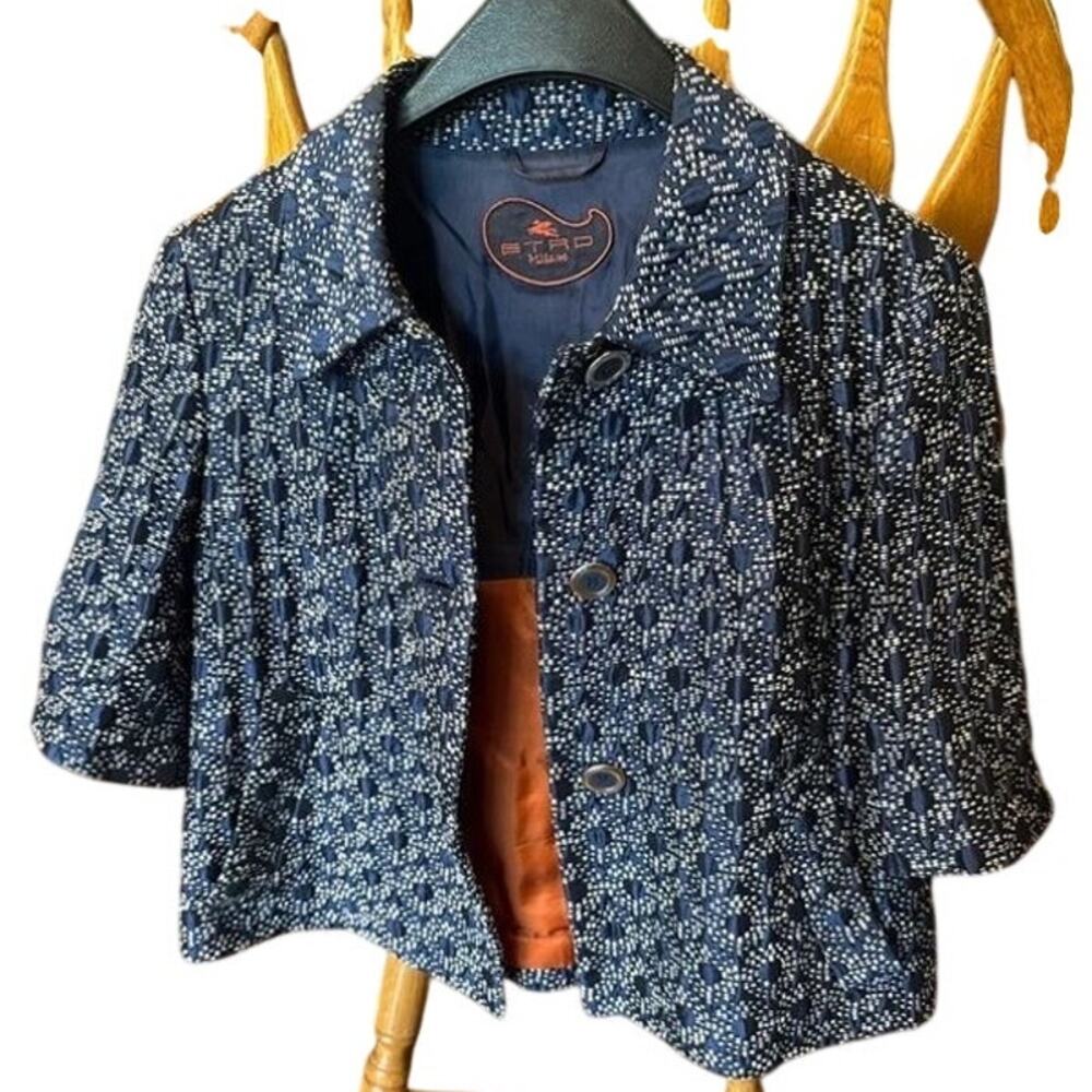 Etro M IT44 Navy Blue Jacquard Cropped Jacket Blazer Made Italy Designer $995